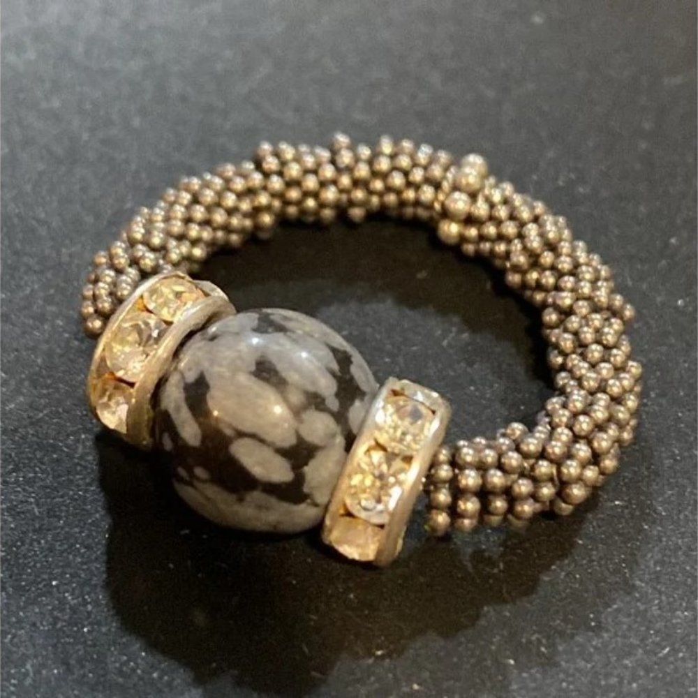 Stretch ring Snowflake Obsidian Swarovski crystal Silver
